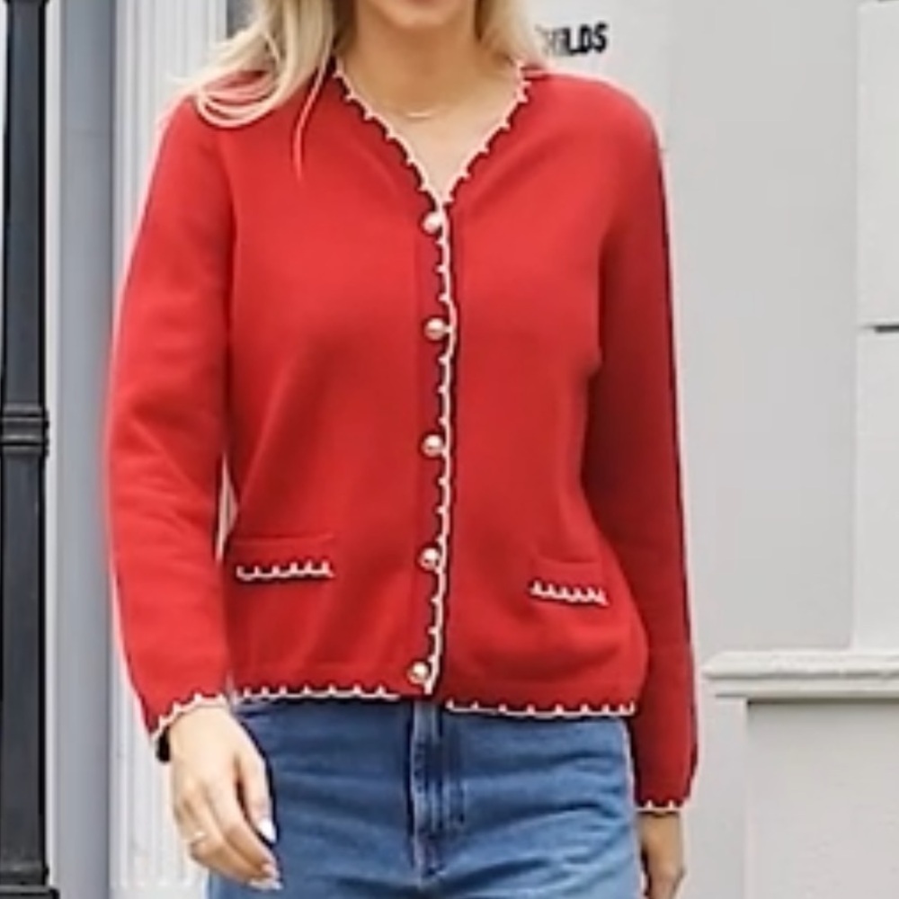 Red Cardigan with Pearl Buttons